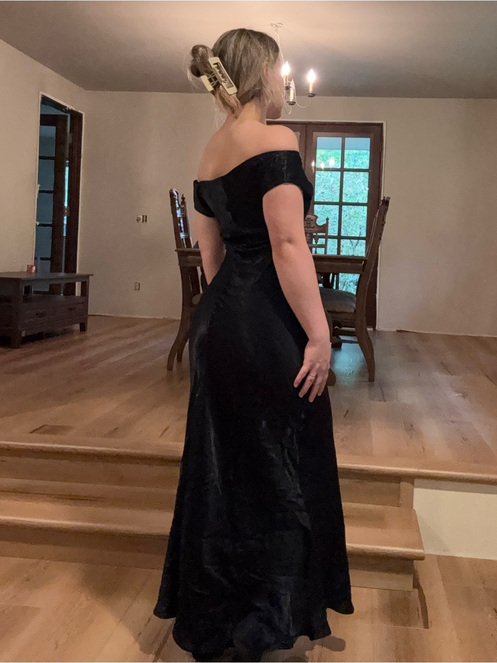 ASOS black formal off shoulder satin maxi dress size small/ XS - Picture 2 of 4